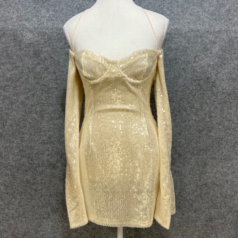 Oh Polly Champagne Sequin Off Shoulder Long Sleeve Bodycon Mini Dress UK 6 US 2